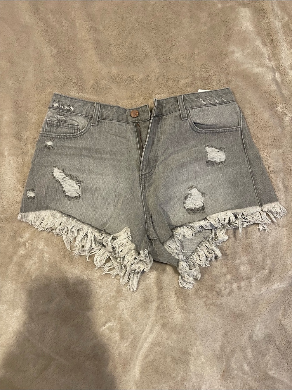 Gray Distressed Frayed Hem Women's Denim Shorts